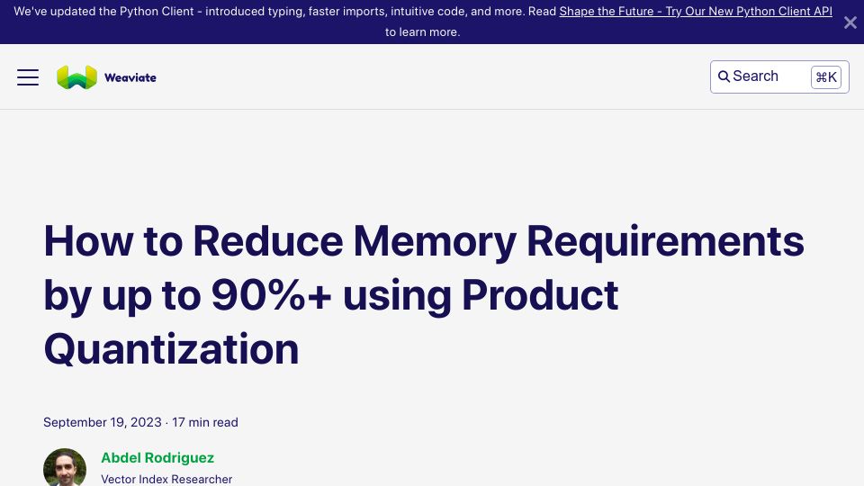 Screenshot of weaviate.io: How to Reduce Memory Requirements with Product Quantization