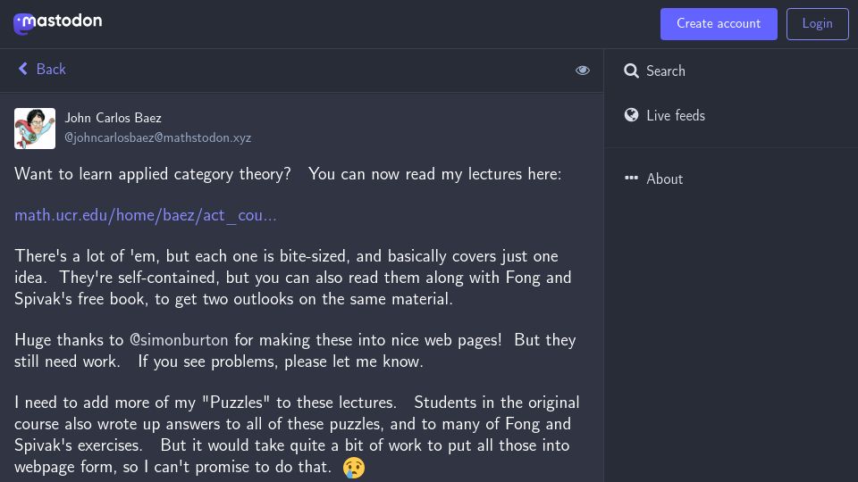 Screenshot of mathstodon.xyz: John Baez' Applied Category Theory Lectures