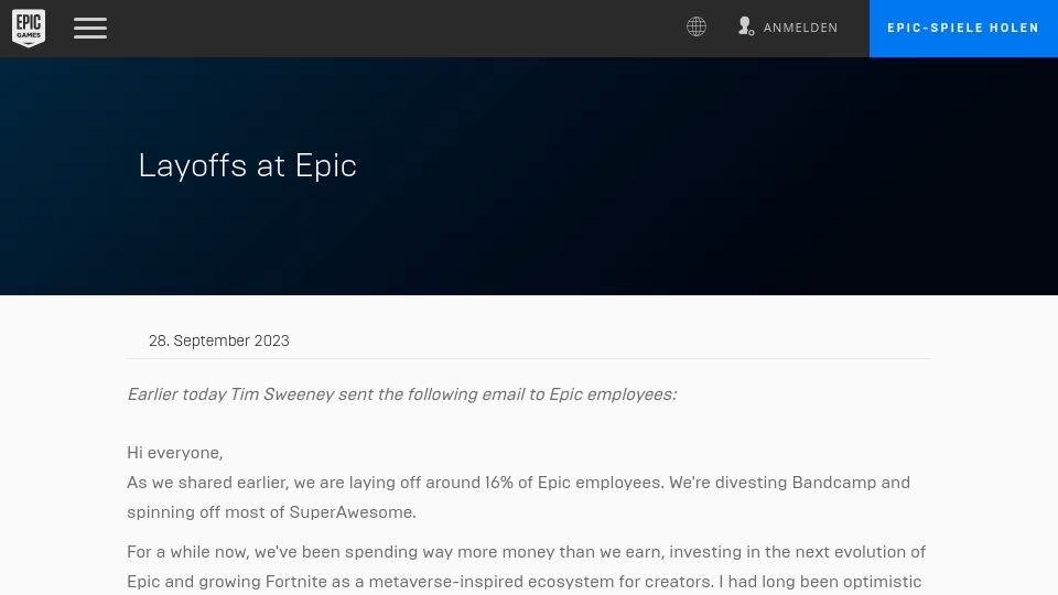 Screenshot of epicgames.com: Tim Sweeney on Layoffs at Epic