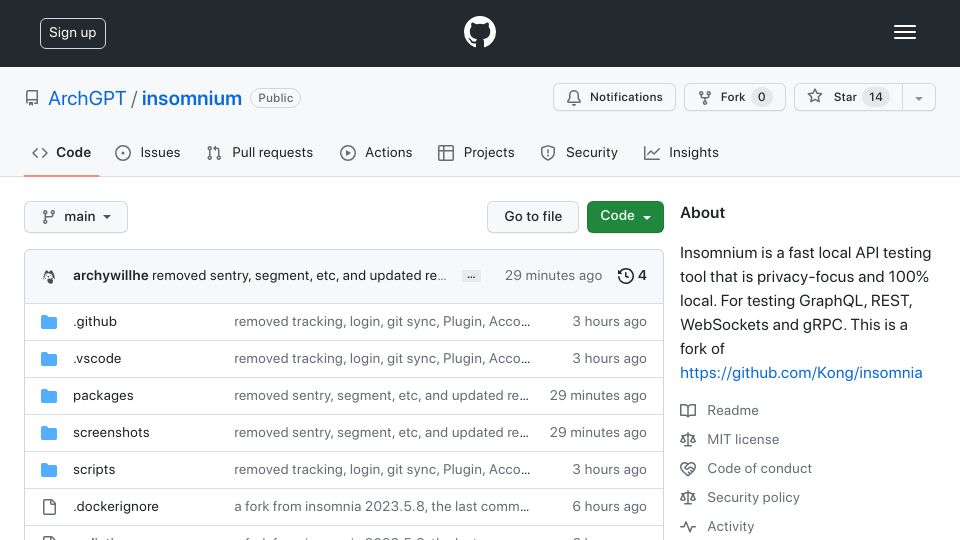 Screenshot of github.com: Insomnium – Local, privacy-focused fork of Insomnia API client
