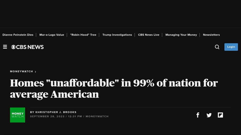 Screenshot of cbsnews.com: Homes “unaffordable” in 99% of nation for average American