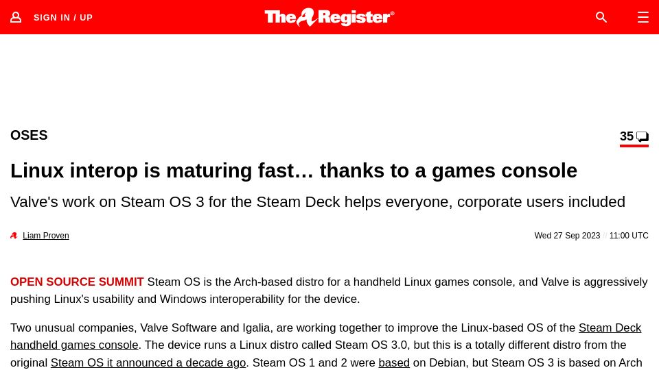 Screenshot of theregister.com: Linux interop is maturing fast thanks to a games console