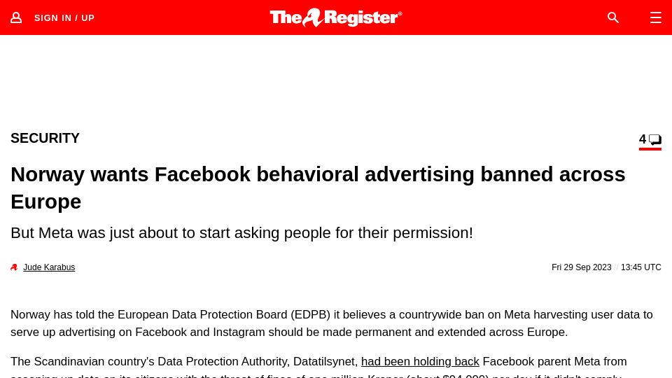 Screenshot of theregister.com: Norway wants Facebook behavioral advertising banned across Europe
