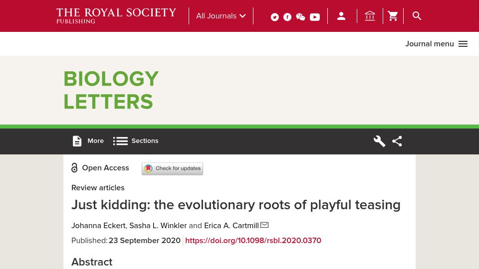 Screenshot of royalsocietypublishing.org: Just kidding: the evolutionary roots of playful teasing