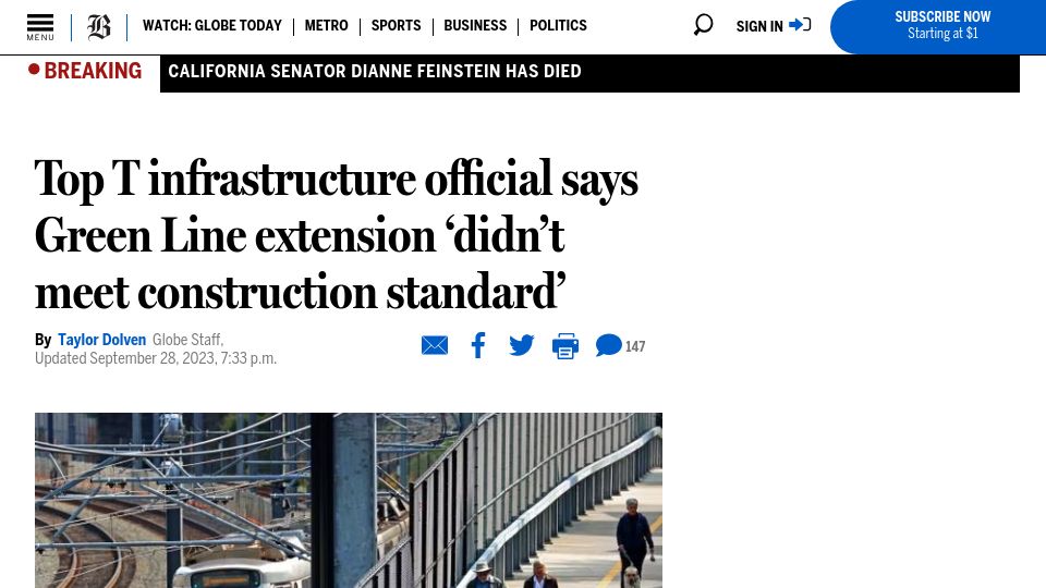 Screenshot of bostonglobe.com: Narrow tracks forcing trains to creep at walking pace on Boston's newest subway