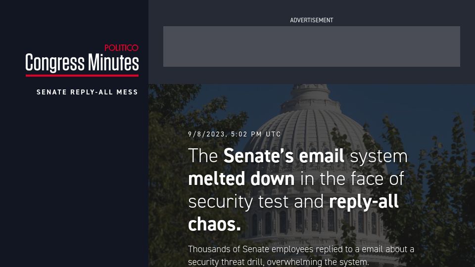 Screenshot of politico.com: US Senate’s email system melts down in face of security test and reply-all chaos