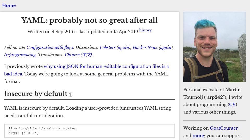 Screenshot of arp242.net: YAML: Probably not so great after all