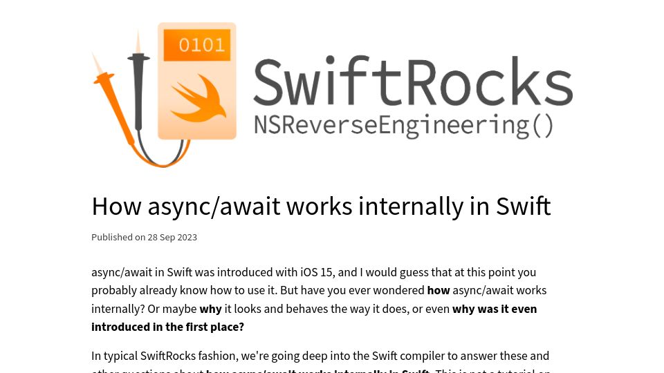 Screenshot of swiftrocks.com: How async/await works internally in Swift