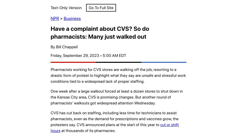 Screenshot of text.npr.org: Have a complaint about CVS? So do pharmacists: Many just walked out