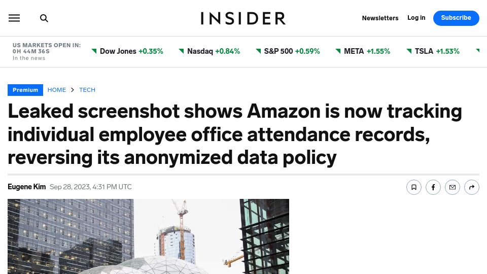 Screenshot of businessinsider.com: Leaked screenshot shows Amazon now tracking individual employee attendance