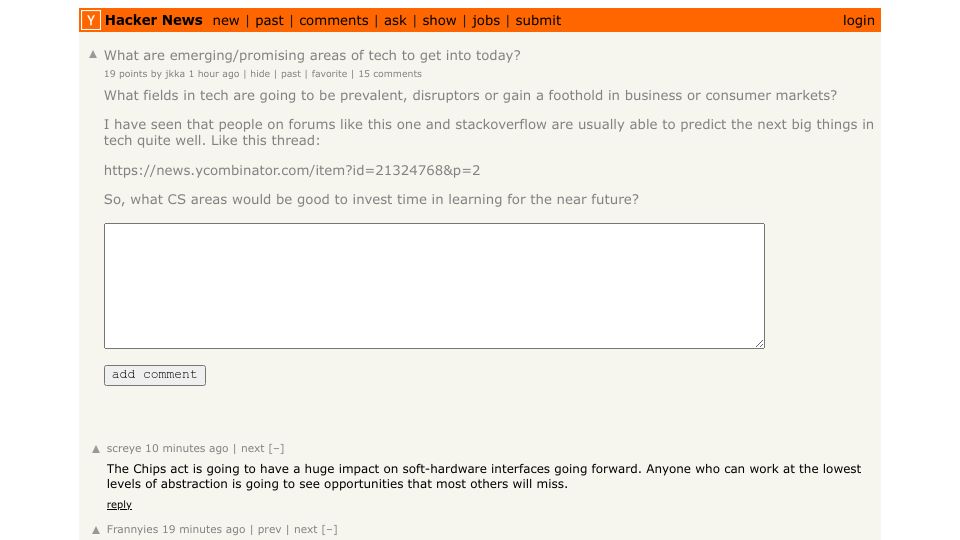 Screenshot of Hacker News post: What are emerging/promising areas of tech to get into today?