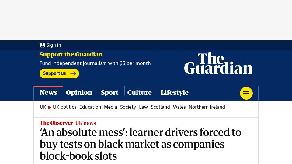 Screenshot of theguardian.com: Learner drivers forced to buy tests on black market as companies blockbook slots