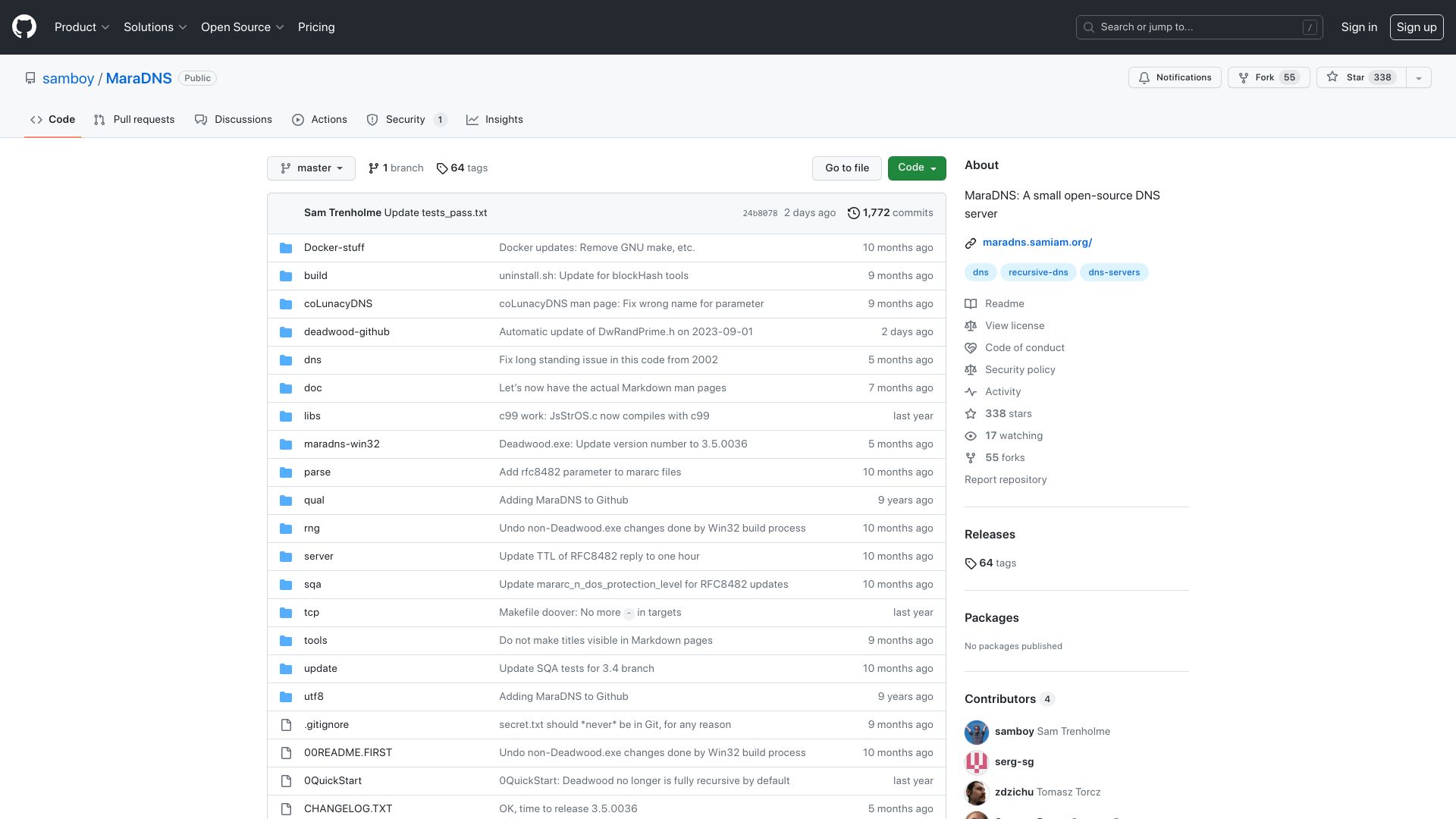 Screenshot of github.com: MaraDNS: A small open-source DNS server