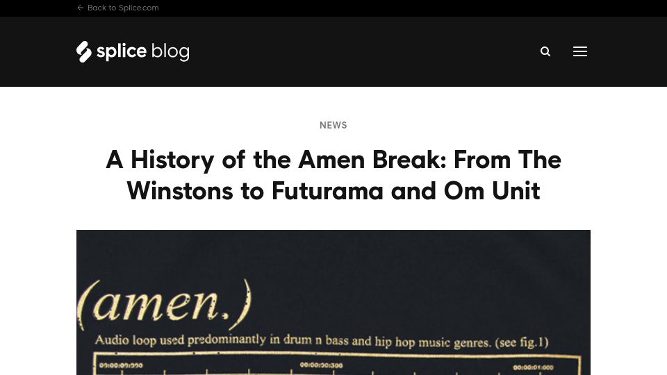 Screenshot of splice.com: A History of the Amen Break: From the Winstons to Futurama and Om Unit