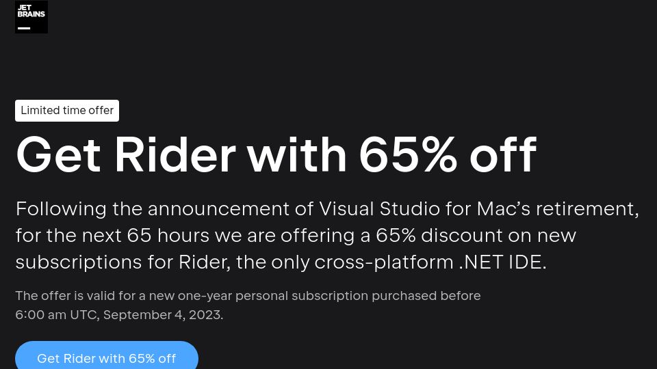 Screenshot of lp.jetbrains.com: Jetbrains are offering 65% off Rider personal licenses for 65 hours