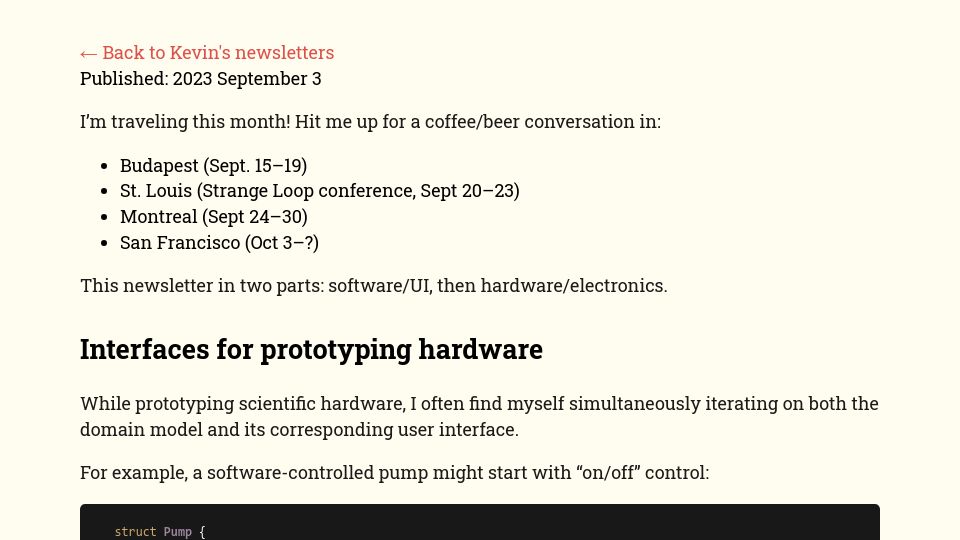 Screenshot of kevinlynagh.com: Interfaces for prototyping hardware