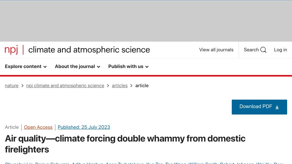 Screenshot of nature.com: Air quality double whammy from domestic firelighters