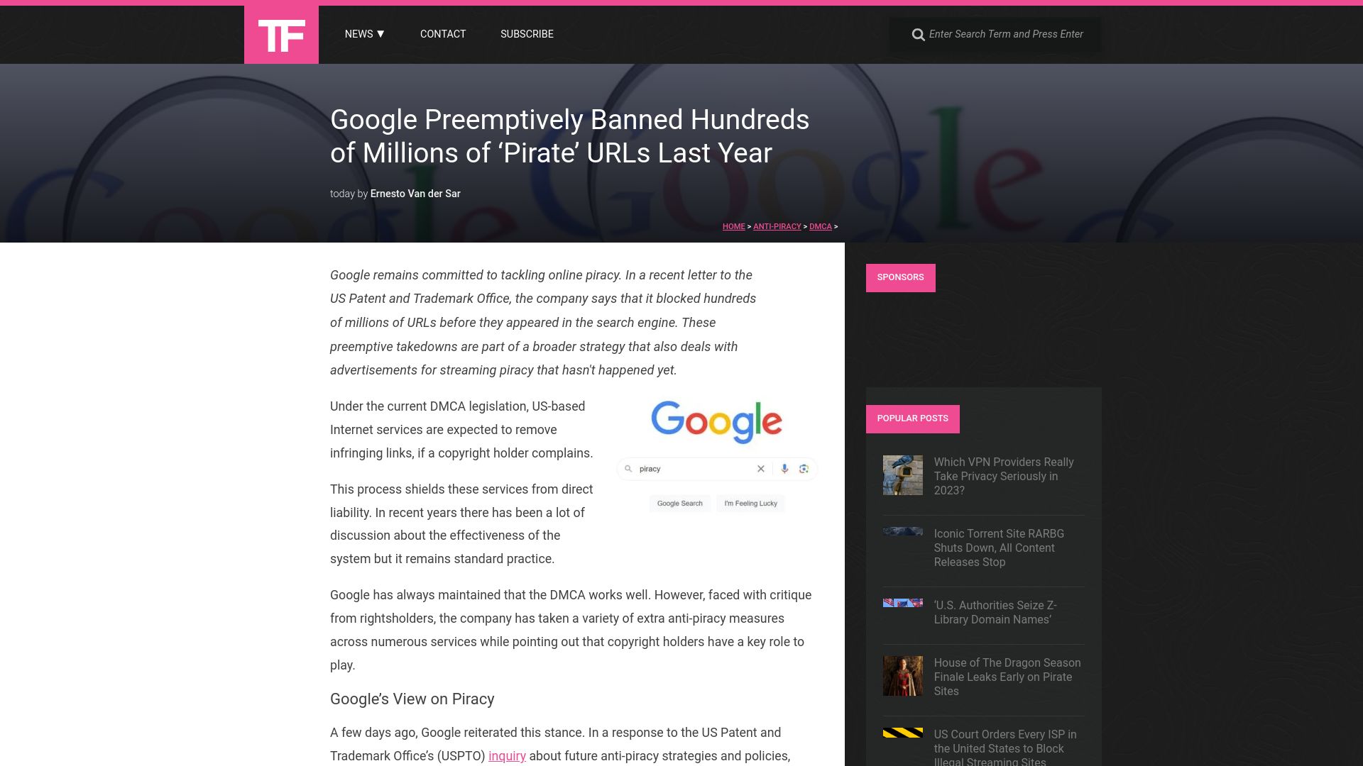 Screenshot of torrentfreak.com: Google preemptively banned hundreds of millions of 'pirate' URLs last year