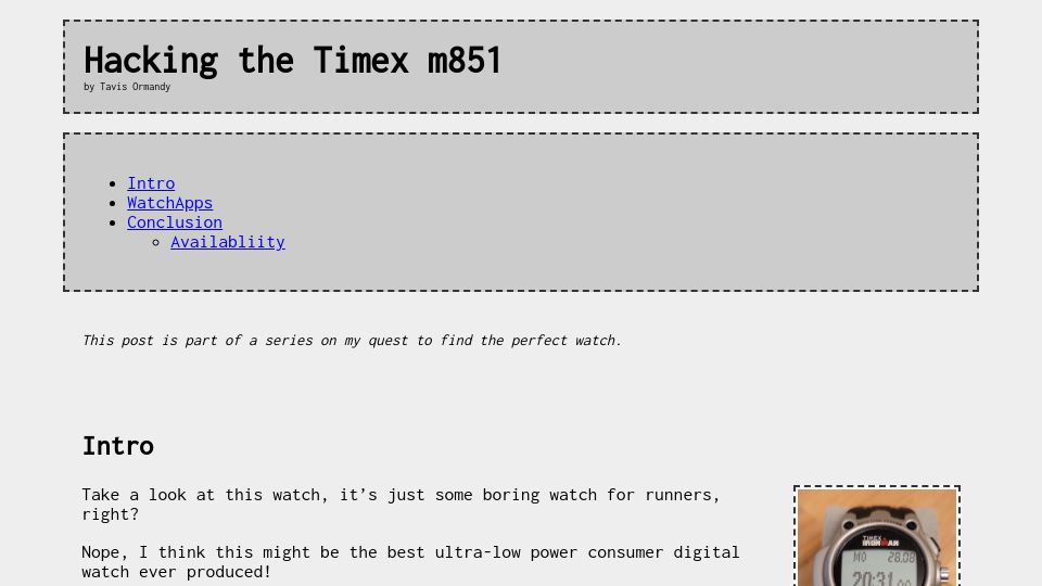 Screenshot of lock.cmpxchg8b.com: Hacking the Timex m851