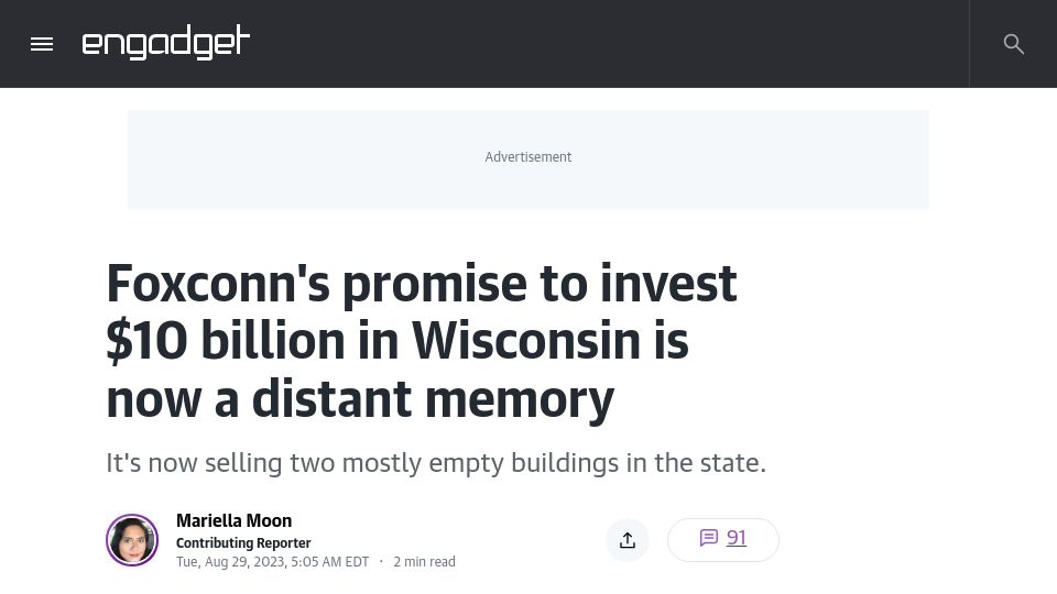 Screenshot of engadget.com: Foxconn's promise to invest $10B in Wisconsin is now a distant memory