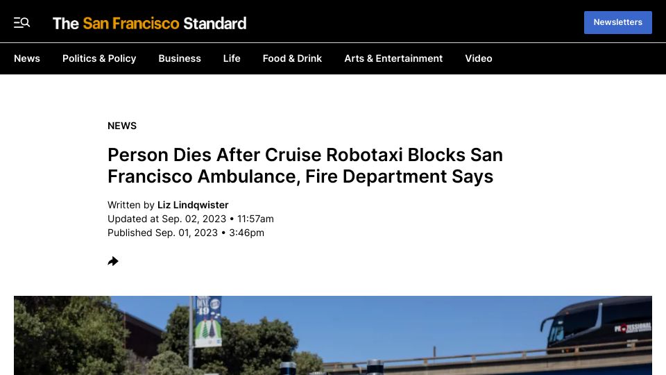Screenshot of sfstandard.com: SF Fire Dept.: Person Dies After Cruise Robotaxi Blocked Ambulance