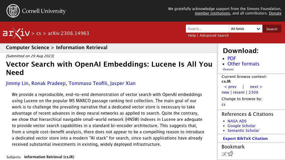 Screenshot of arxiv.org: Vector Search with OpenAI Embeddings: Lucene Is All You Need
