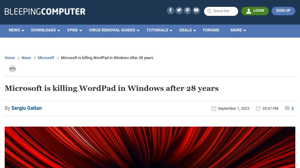 Screenshot of bleepingcomputer.com: Microsoft is killing WordPad in Windows