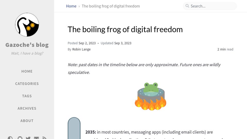 Screenshot of gazoche.xyz: The boiling frog of digital freedom