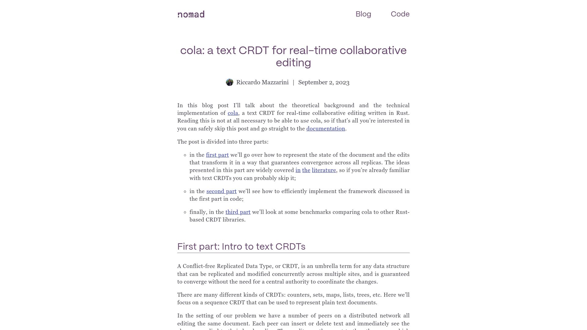 Screenshot of nomad.foo: Cola: A text CRDT for real-time collaborative editing