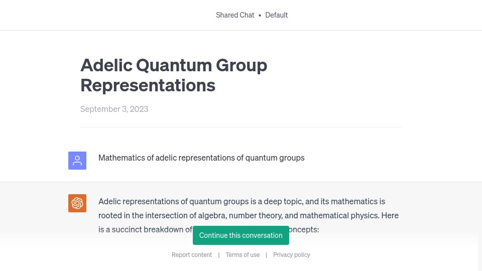 Screenshot of chat.openai.com: Adelic Quantum Group Representations