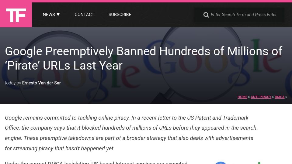 Screenshot of torrentfreak.com: Google preemptively banned hundreds of millions of 'pirate' URLs last year