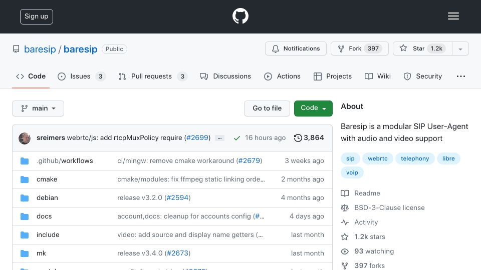 Screenshot of github.com: Baresip – An Open Source modular SIP User-Agent with audio and video support
