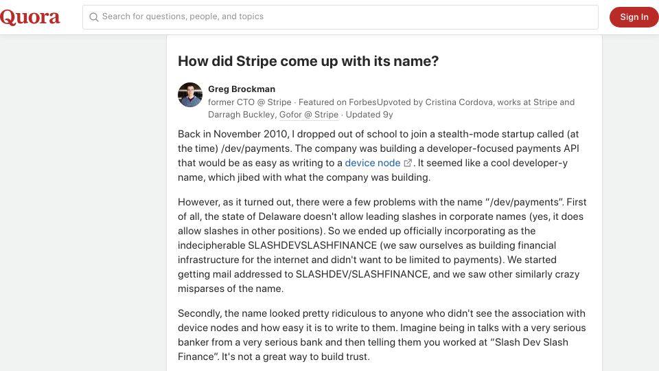 Screenshot of quora.com: How did Stripe come up with its name? (2015)