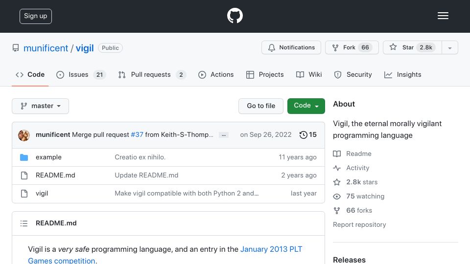Screenshot of github.com: Vigil, the eternal morally vigilant programming language