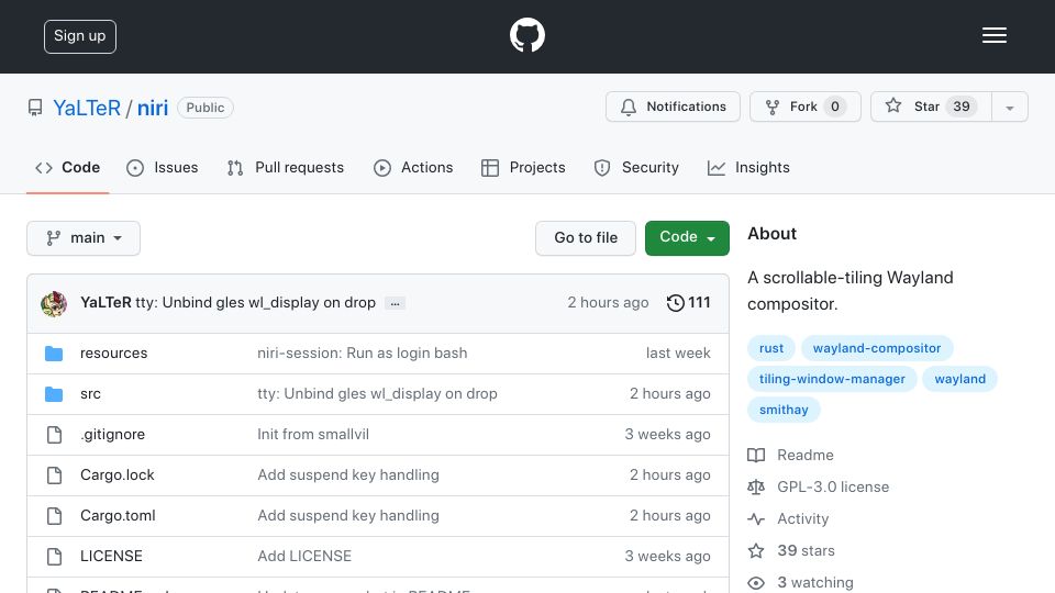 Screenshot of github.com: Niri: A scrollable-tiling Wayland compositor