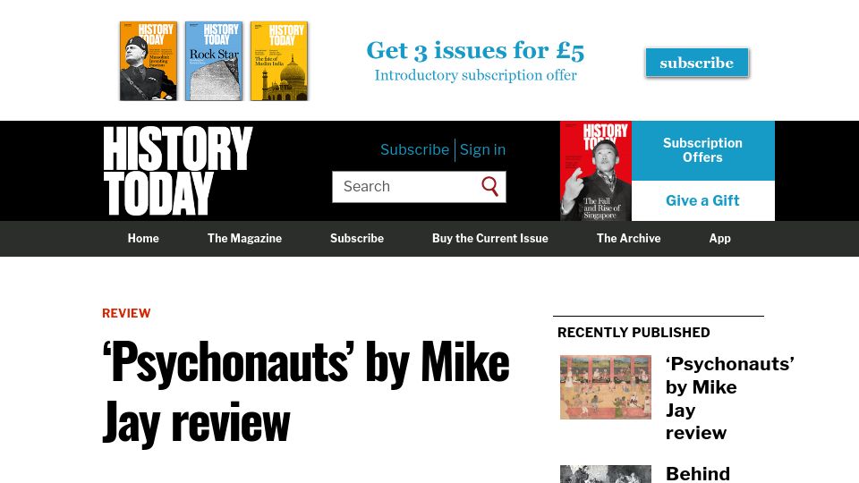 Screenshot of historytoday.com: ‘Psychonauts’ by Mike Jay review