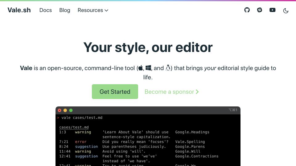 Screenshot of vale.sh: Vale.sh – A Linter for Prose