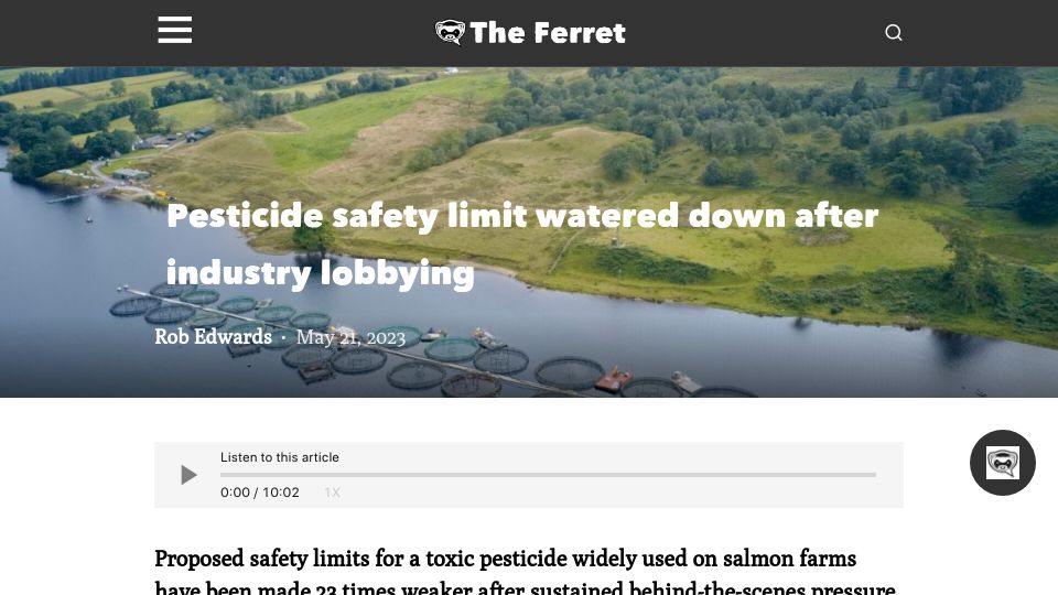 Screenshot of theferret.scot: Pesticide safety limit for salmon farms watered down after industry lobbying