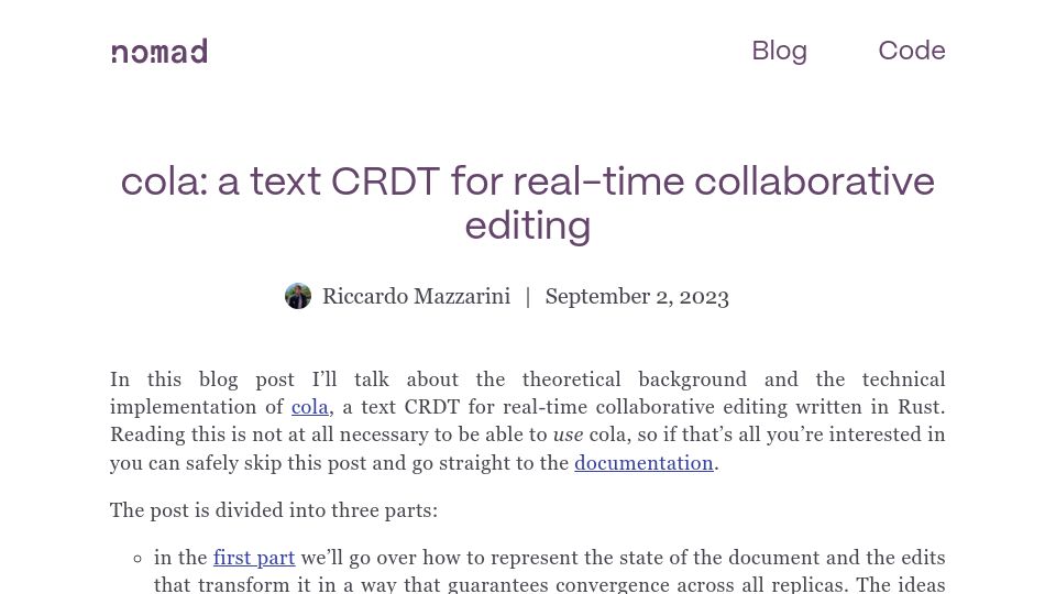Screenshot of nomad.foo: Cola: A text CRDT for real-time collaborative editing