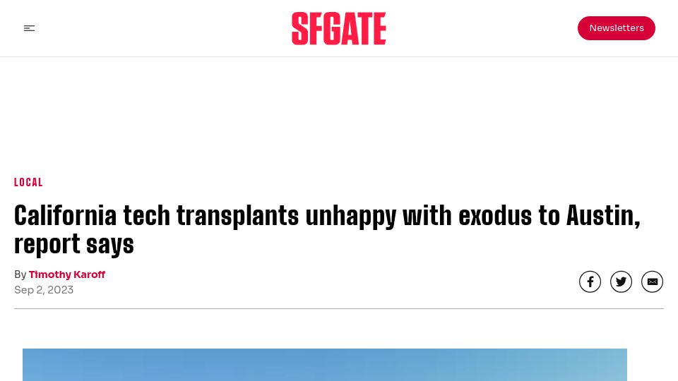 Screenshot of sfgate.com: California tech transplants unhappy with exodus to Austin, report says