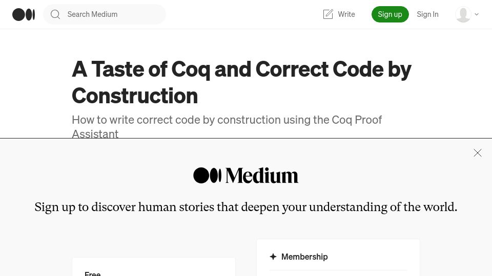 Screenshot of betterprogramming.pub: How to write correct code by construction using the Coq Proof Assistant