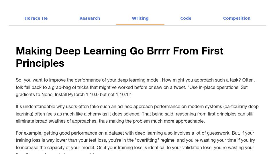 Screenshot of horace.io: Making deep learning go brrrr from first principles (2022)