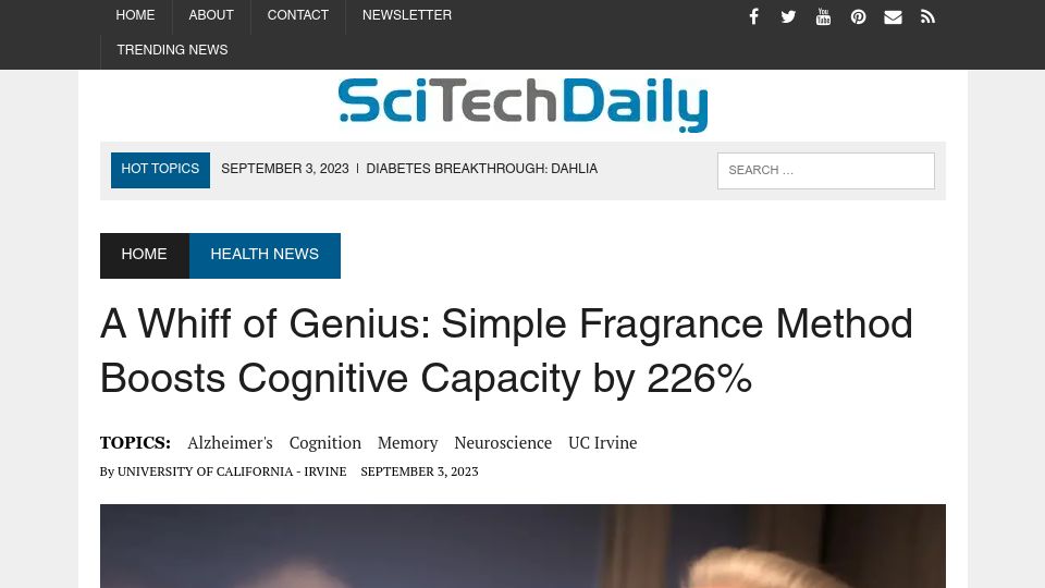 Screenshot of scitechdaily.com: Simple fragrance method boosts cognitive capacity: study