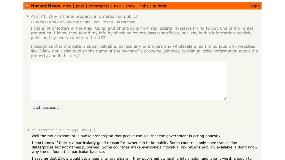 Screenshot of Hacker News post: Ask HN: Why is home property information so public?