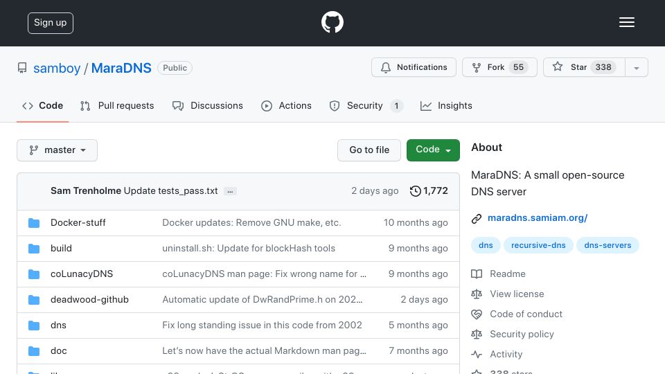 Screenshot of github.com: MaraDNS: A small open-source DNS server