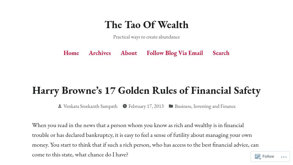 Screenshot of thetaoofwealth.wordpress.com: Harry Browne’s Rules of Financial Safety (1999)
