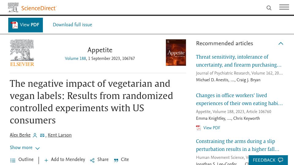 Screenshot of doi.org: Negative impact of vegetarian and vegan labels