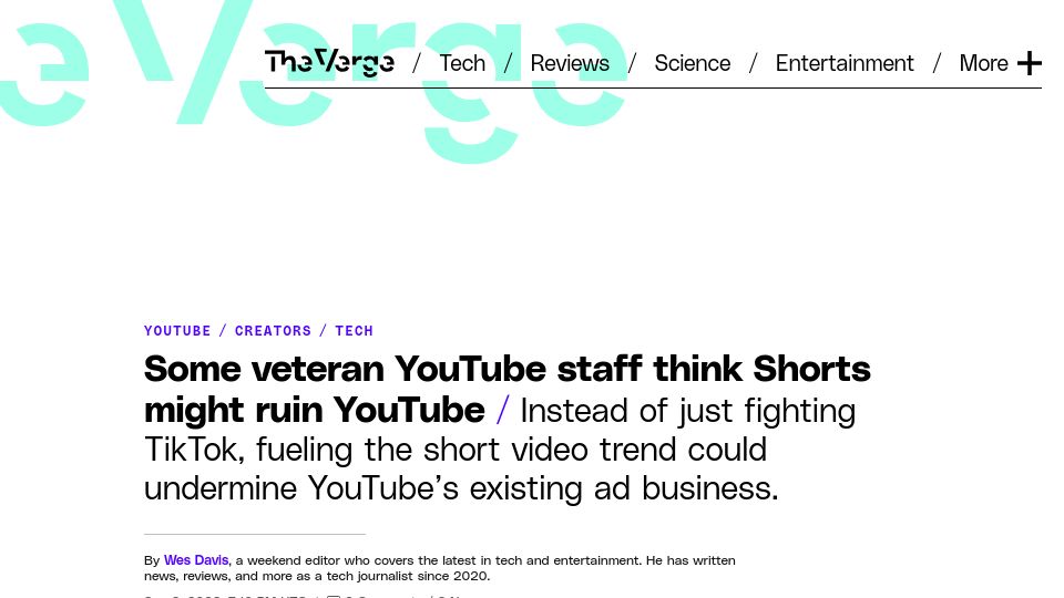 Screenshot of ft.com: Shorts risks cannibalising core YouTube business, say senior staff