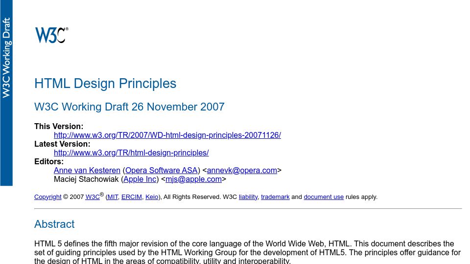 Screenshot of w3.org: HTML Design Principles (2007)