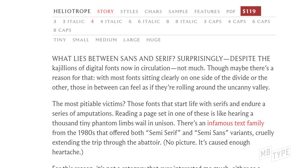 Screenshot of mbtype.com: The story behind the Heliotrope Font (2021)